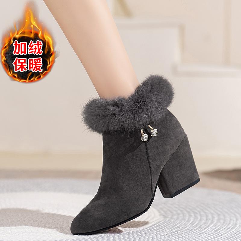 Women Snow Boots Fashion Pointed High Heels Boots Suede Casual Ankle Boots for Women Winter Fur Short Boot Botas Invierno Mujer