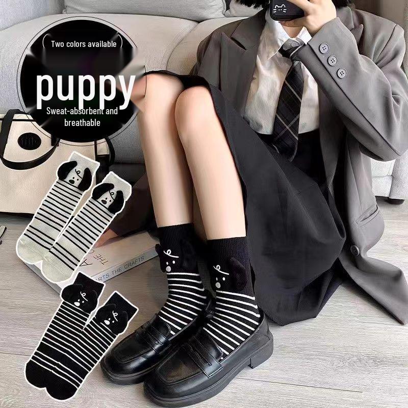 

Women s Striped Mid-Calf Casual Socks - Japanese College Style One Size чёрный