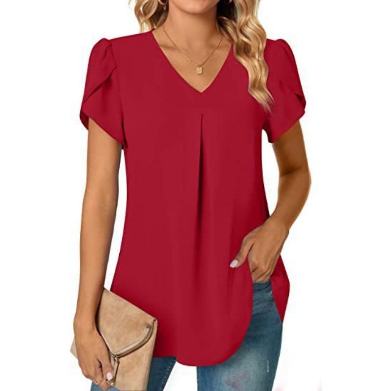 EastRogue Women's Fashion Casual Summer Solid Color Print Short Sleeve V-Neck Blouses & Shirts