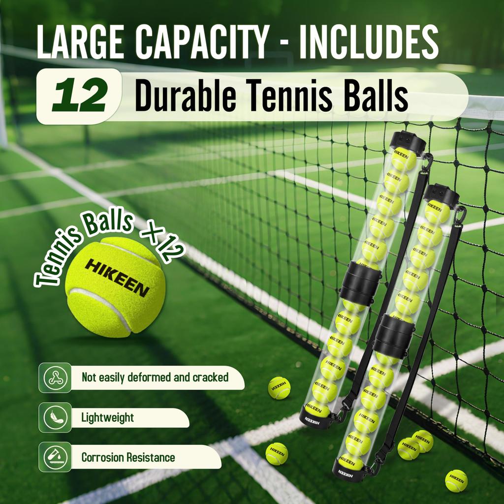 Hikeen Durable Tennis Ball Pickup Tube with 12 Balls and Shoulder Strap Quick Storage Tennis Accessory Collector