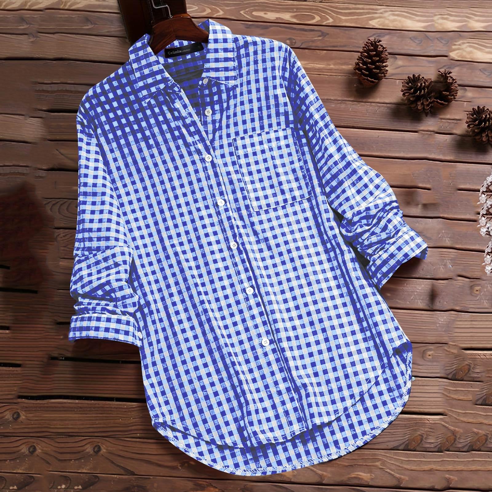 

Женская повседневная модная рубашка с длинным рукавом и лацканами в клетку в винтажном стиле XXL синий