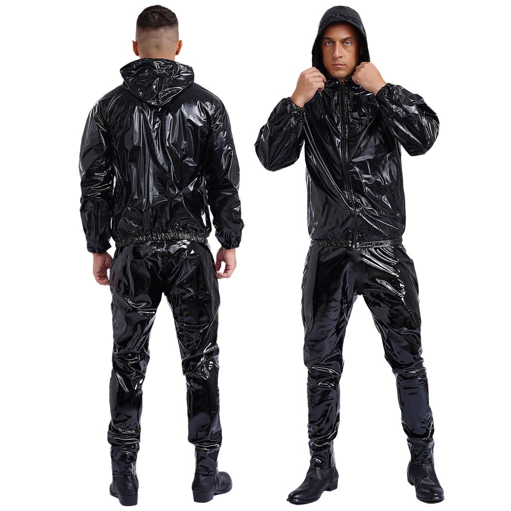 Unisex PVC Sauna oblek Dlouhý rukáv Zip S kapucí Stahovací šňůrka Bunda Vrchní díly Kalhoty Cvičení Trénink