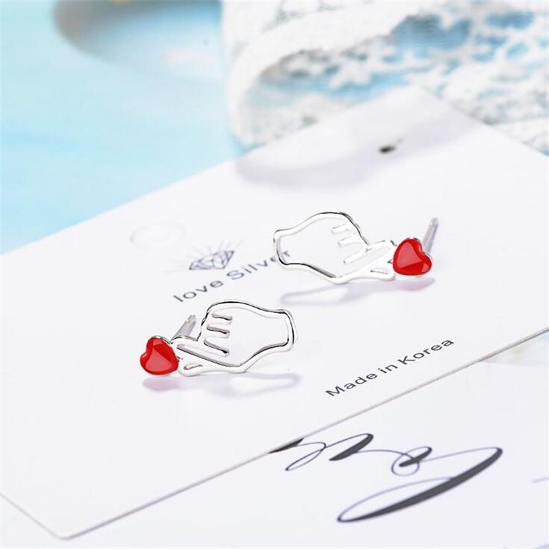 Neue Kreative Rote Liebe Hand 925 Sterlingsilber Schmuck Mode Exquisite Herzförmige Persönlichkeit Geste Ohrstecker Xze021