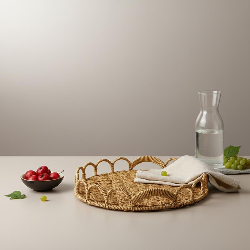 Vassoio Rotondo Intrecciato Fatto a Mano Stile Rustico di Campagna per Tè Snack Oggetti di Scena Fotografica con Texture Naturale di Rattan