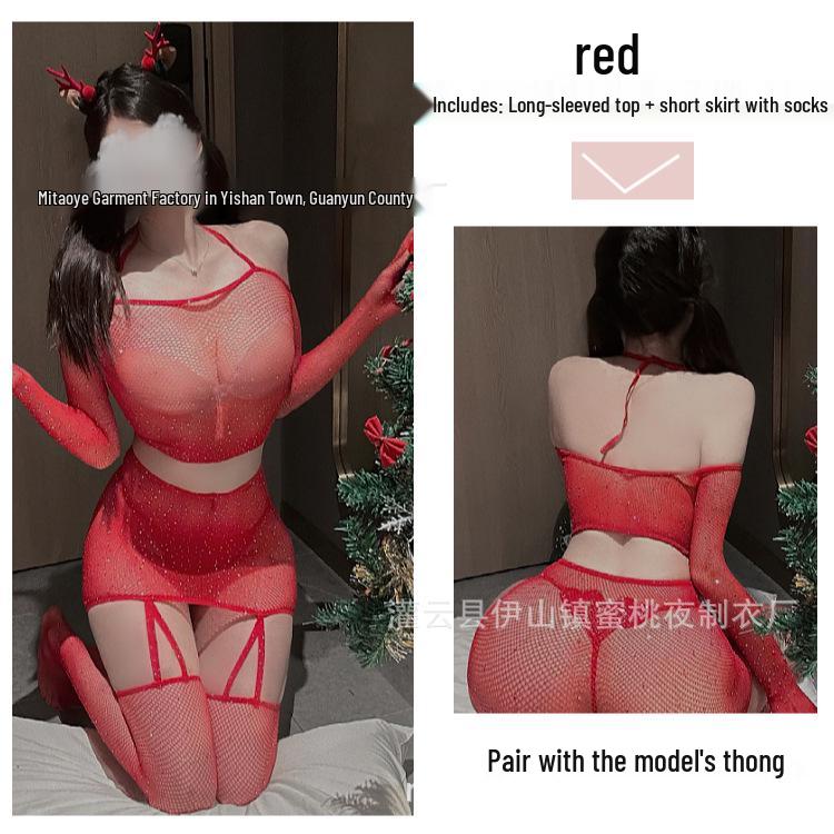 Starry Mesh Halterneck Off-the-Shoulder Mini Dress - Sexy Long Sleeve Christmas & New Year's Attire