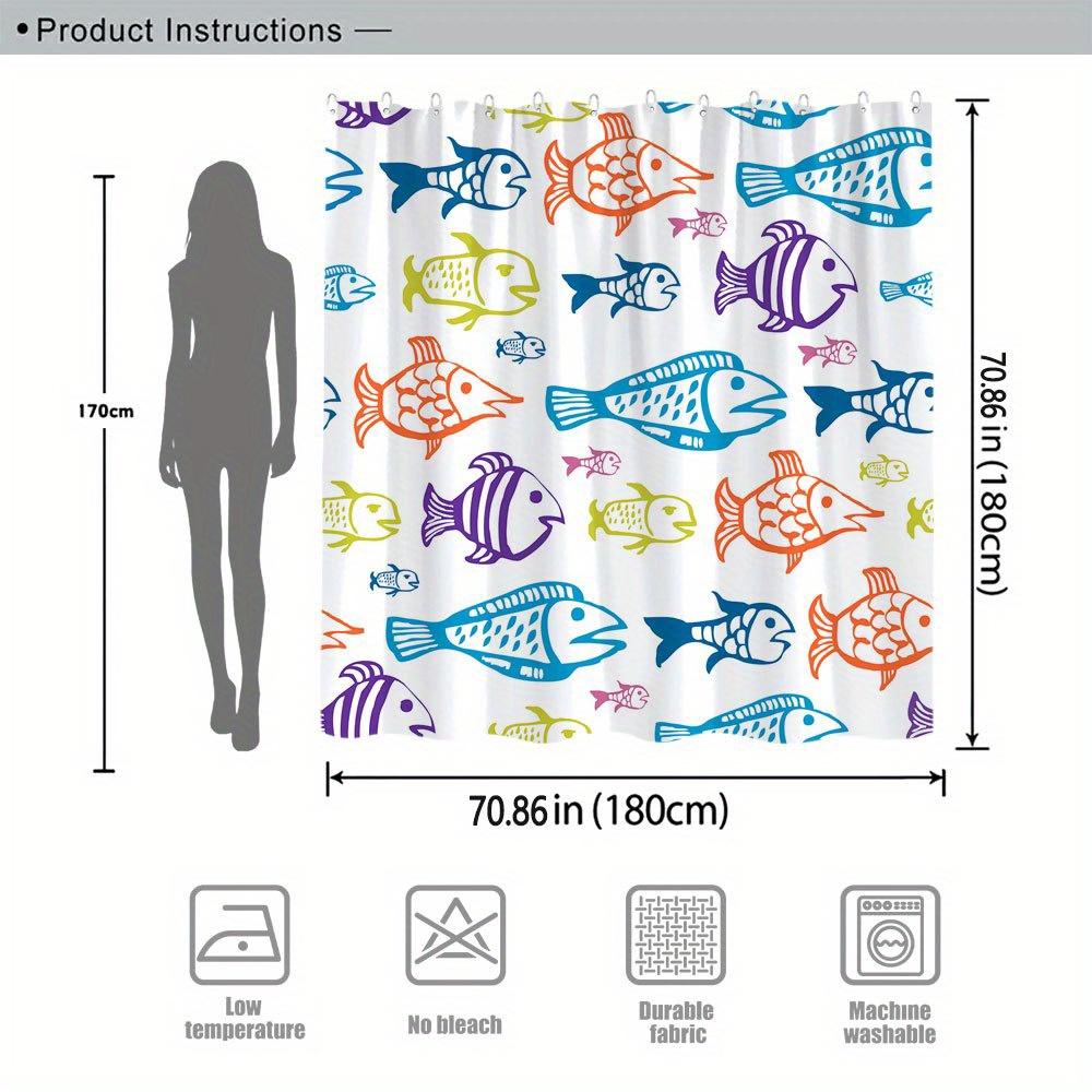 1 Bright Fish Shower Curtain With Exotic Cartoon Fish, With Hooks, Polyester Fabric, Machine Washable, Suitable For Bathroom