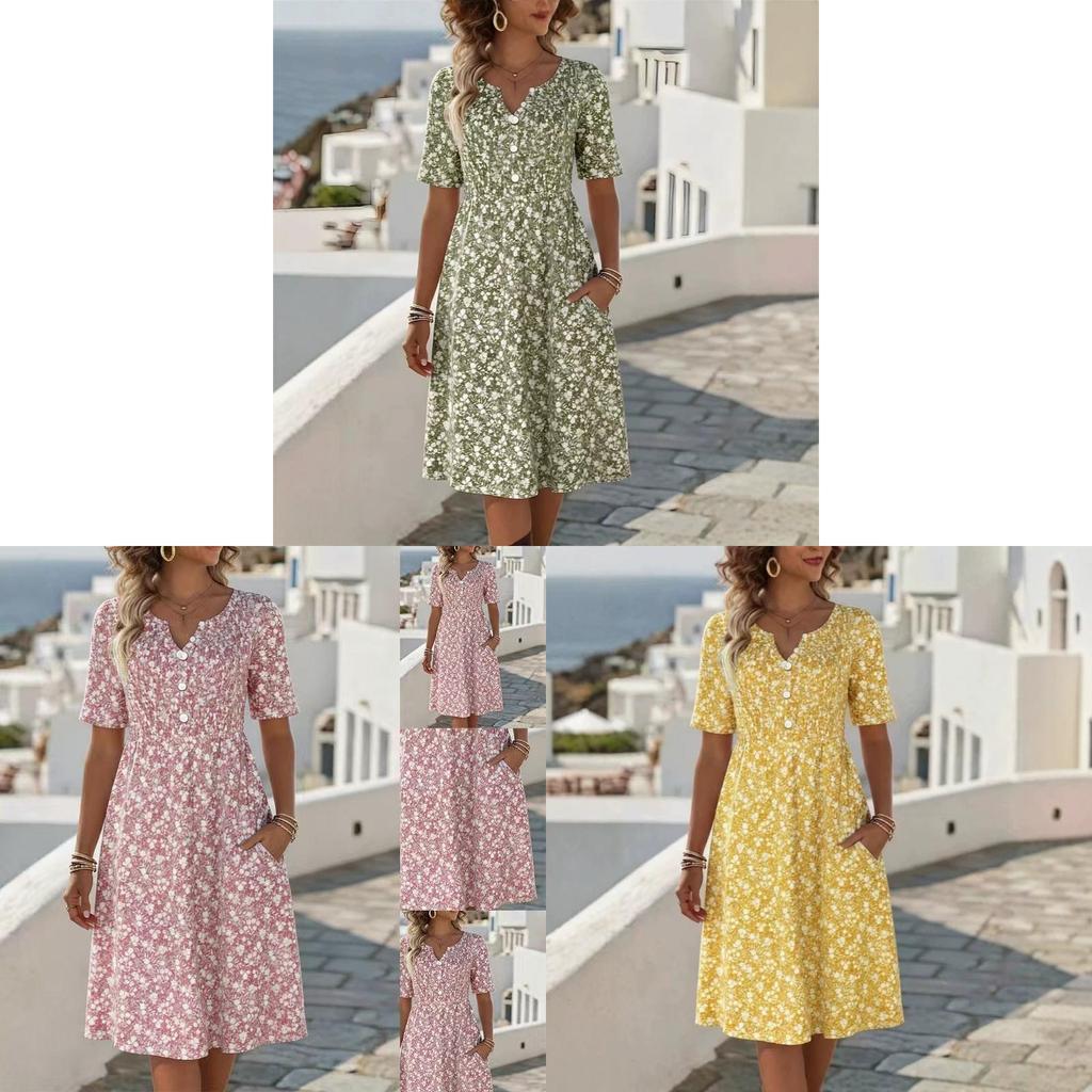 Abito Floreale Estivo con Scollo a V e Tasche per Viaggi Casual e Relax in Spiaggia