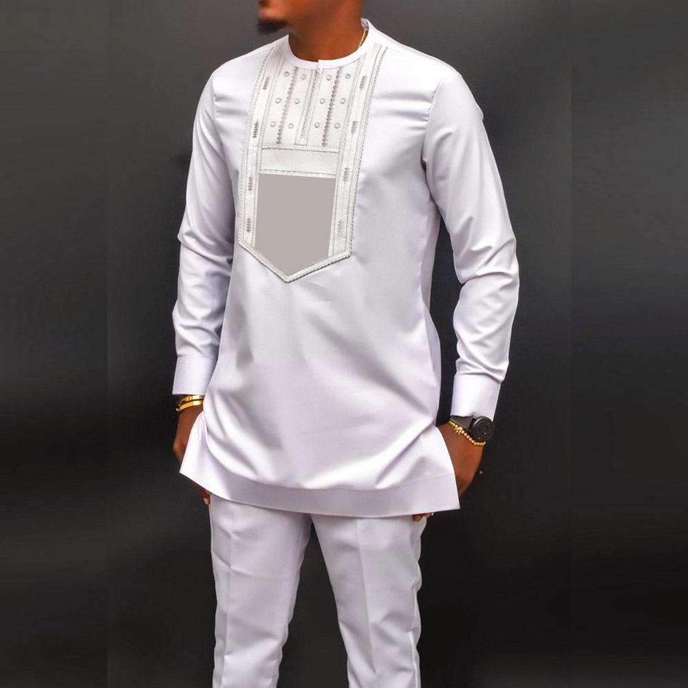 Men s Elegant Embroidered Suit: African Ethnic Style Two-Piece with Round Neck and Long Sleeves. XXXXL белый