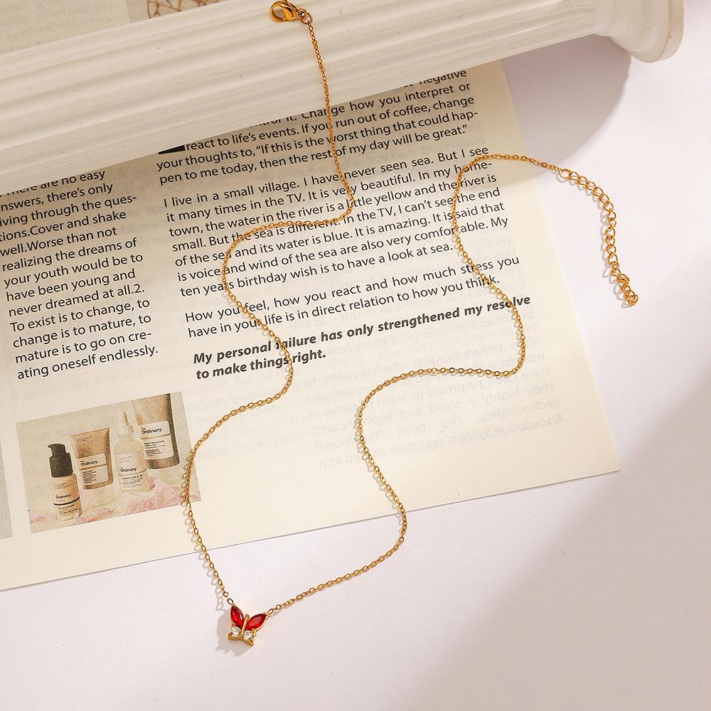 Red Butterfly Zircon Necklace in Stainless and Titanium Steel, 18K Gold-Plated, Colorfast, European-American Style for Women.
