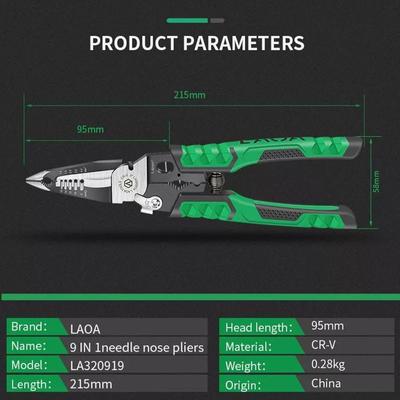 9 In 1 Electrician Pliers Multifunctional Needle Nose Pliers for Wire Stripping Cable Cutters Terminal Crimping Hand Tools