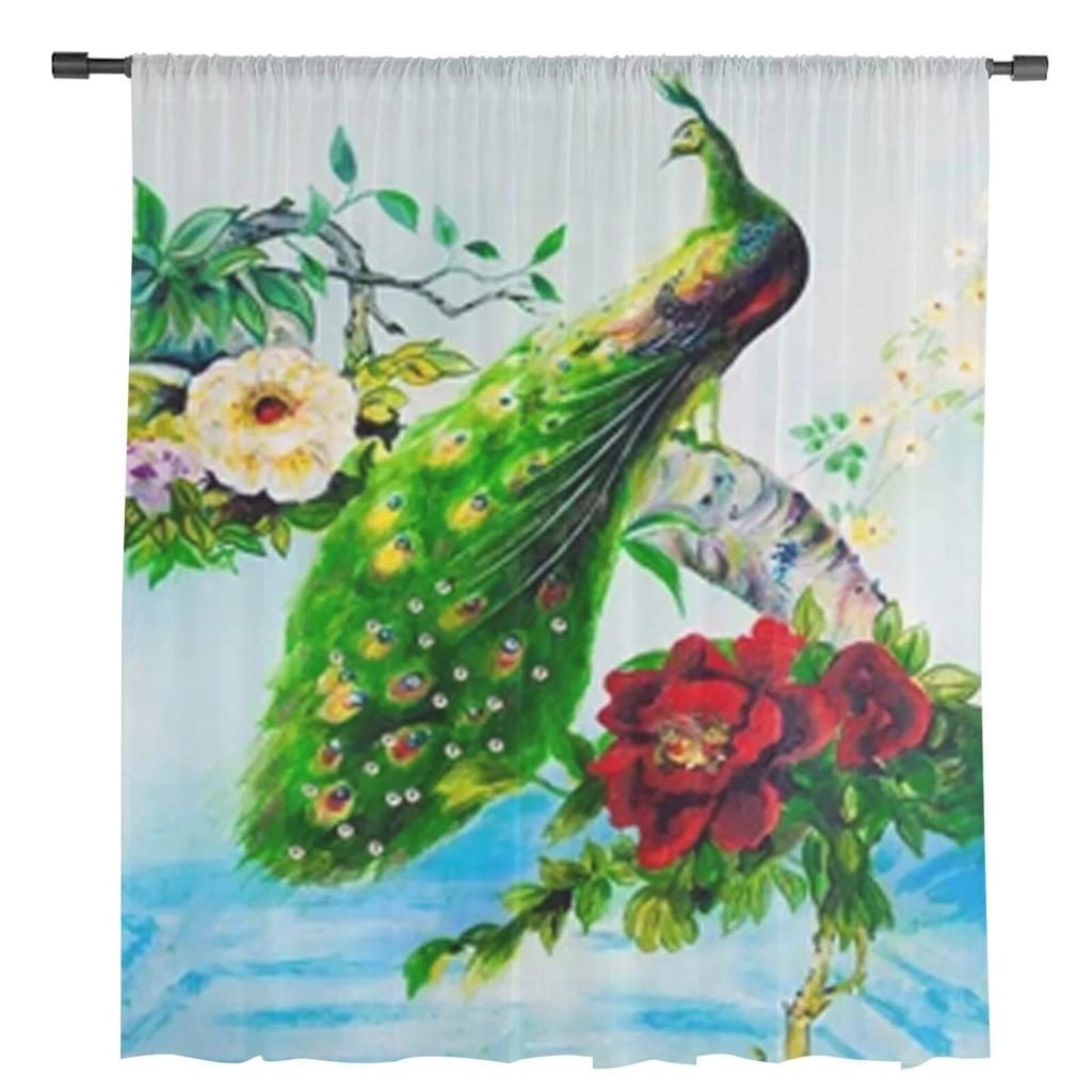 Peacock Chinese Roses Sheer Curtains Bedroom Voile Curtain Living Room Window Sheer Curtains Kitchen Tulle Drapes