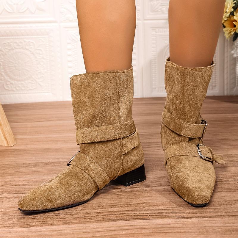Fashion Buckle Belt Decor Thick Heels Ankle Boots Women Autumn Winter Pointed Toe Riding Boots Woman Slip on Faux Suede Booties