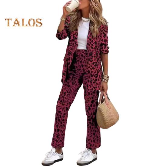 2 Pcs/Set Lady Formal Coat Pants Set Long Sleeves Leopard Print Lapel Cardigan Mid Length Jacket Straight High Waist Trousers Formal Business