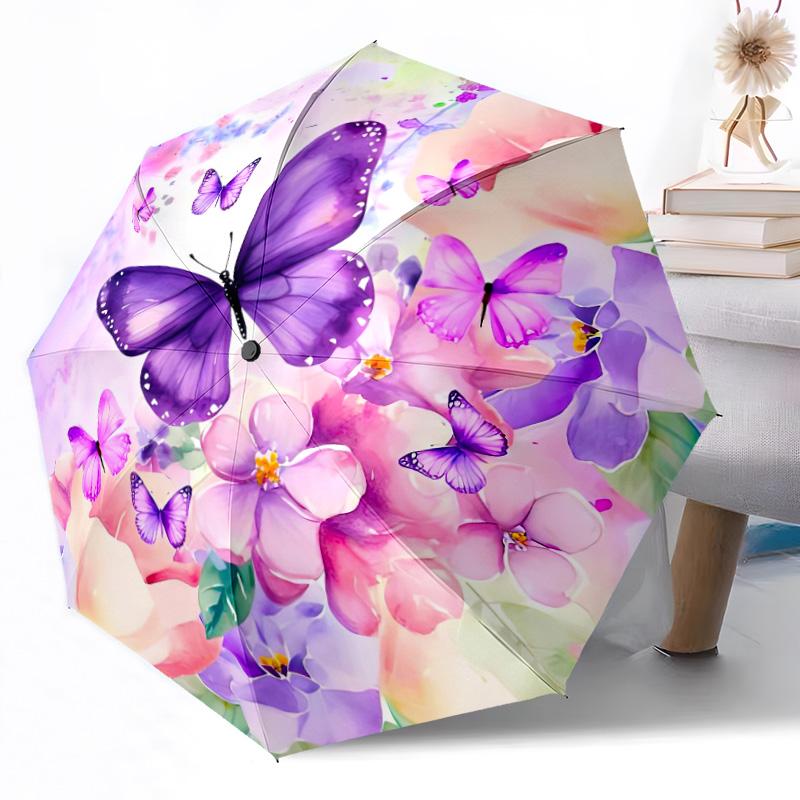 1pc Purple Butterfly Garden Automatic Umbrella with 8 Rib Sturdy Construction All Season Women's Umbrella for Travel Fashion Lovers Birthday Y10