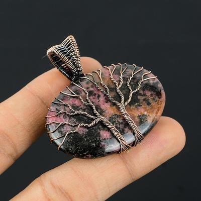Double Tree Of Life Rhodonite Gemstone Copper Wire Wrap Handmade Pendant Jewelry For Gift