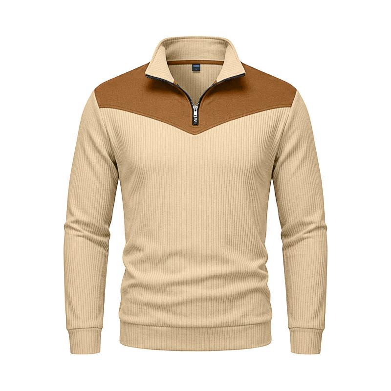 Herbst Winter Herren Color Block Sweatshirt Vertikal Rippstrick Halber Reißverschluss Stehkragen Pullover Wildlederflicken Schulter Ellbogen Vintage Lässig Langarm Oberteile
