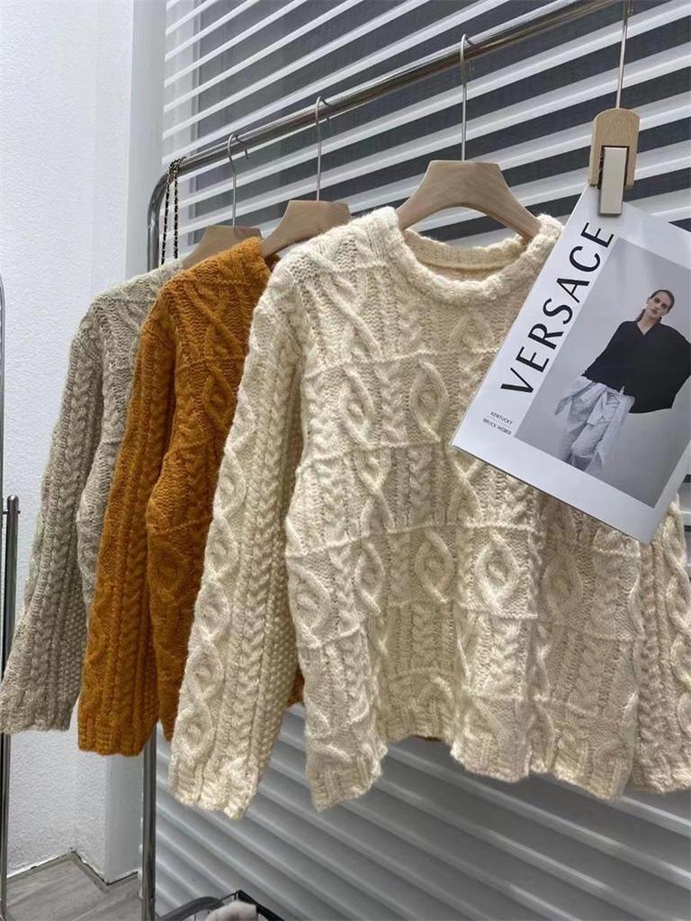 Chunky Knit Chunky Yarn Twisted Sweater Women's Outerwear Autumn Winter New Style Retro Lazy Style Loose Crew Neck Knit Top