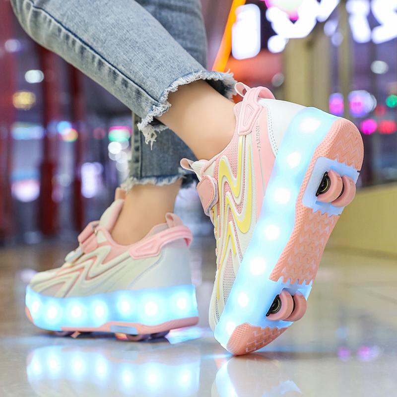 Kids Glowing Sneakers Rubbing Shoes Charging and Disassembling Four Wheels Slide Shoes LED Kids Glowing Sneakers