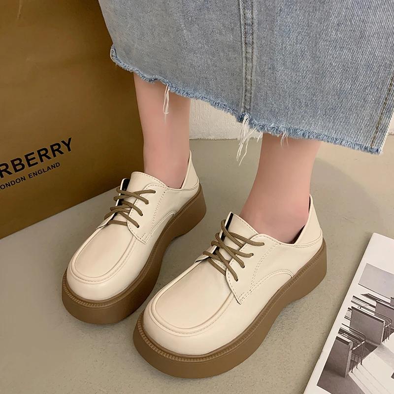 Fashion Platform Loafers Women Shoes Spring Anti-Slip Small Leather Shoes for Women Classic Round Toe White Women's Casual Shoes