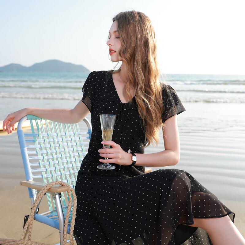 SanCai French Polka Dot V-Neck Chiffon A-Line Dress