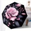 Automatic Folding Umbrella Pink Rose with Buds and Dark Leaves. Portable Collapsible Design, Casual Outdoor Accessory, for All