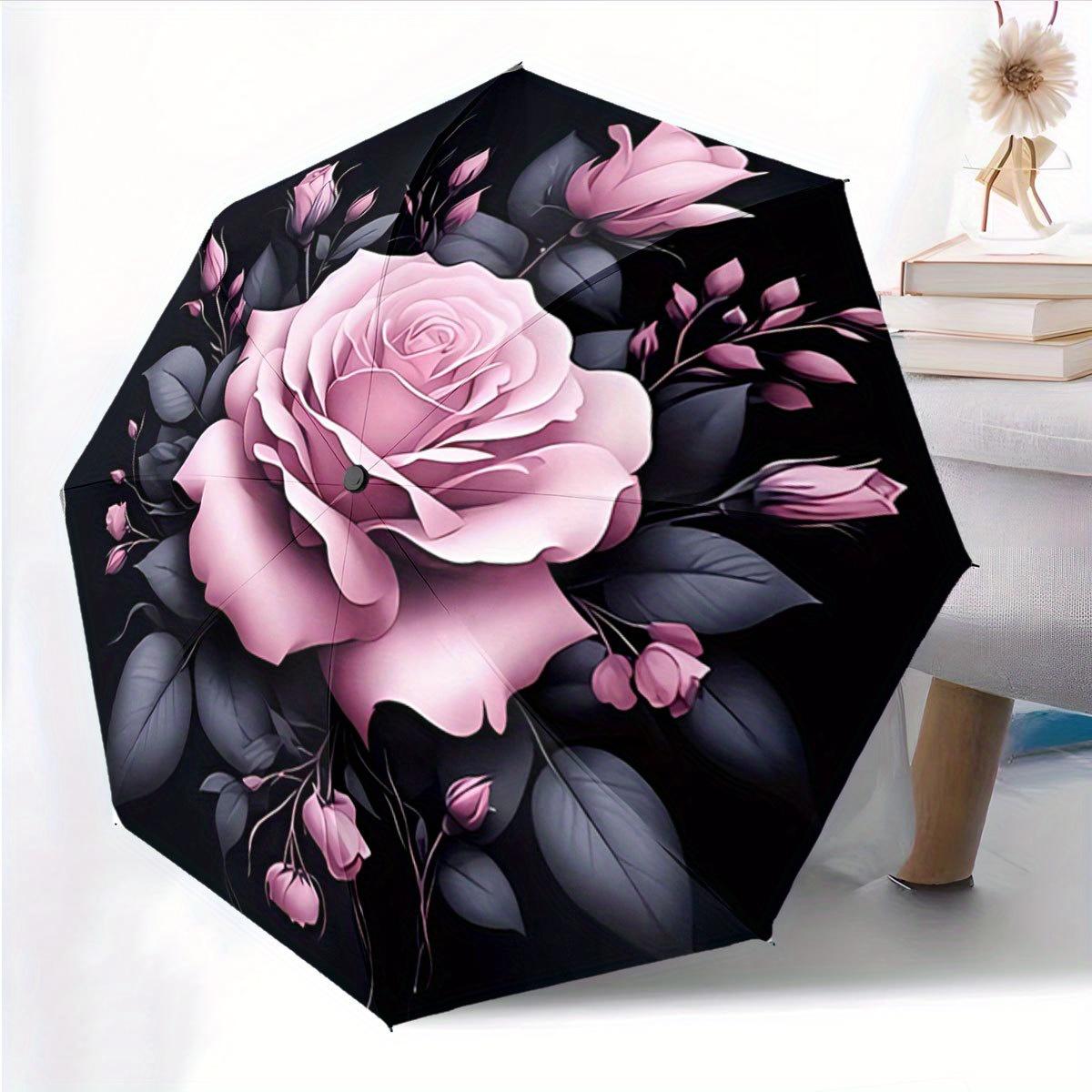 

Automatic Folding Umbrella Pink rose with buds and dark leaves. Portable collapsible design, casual outdoor accessory, for all Iron&8K