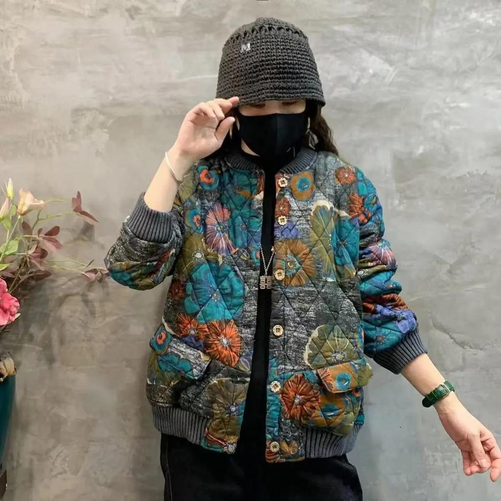 Winter Loose Large Size Printed Stand-up Collar Western Style Women's Casual Cotton Coat