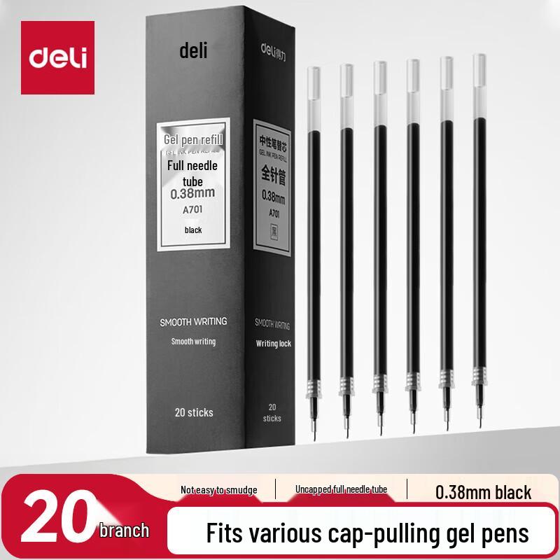 Deli 0.38mm Black Full Needle Gel Pen Refills (20-Pack)