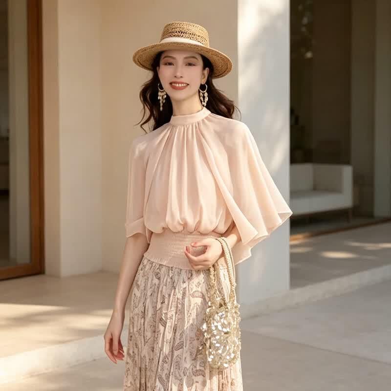 French Elegant Cape Sleeve Waist-Cinching Blouse L розовый