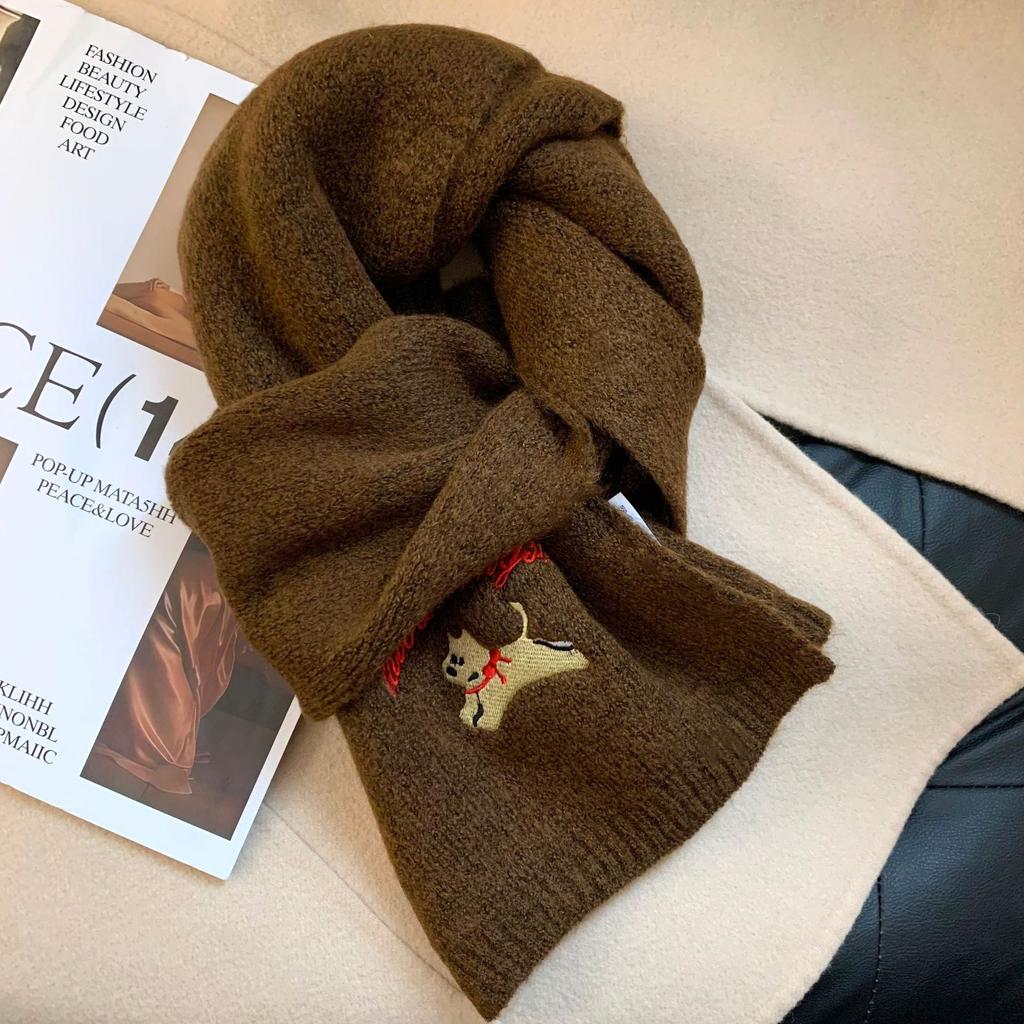 Red Scarf Women Gilrs Autumn/Winter Korean Style Cute Embroidered Dog Women Fashion Versatile Thicken Warm Knitted Neck Scarf