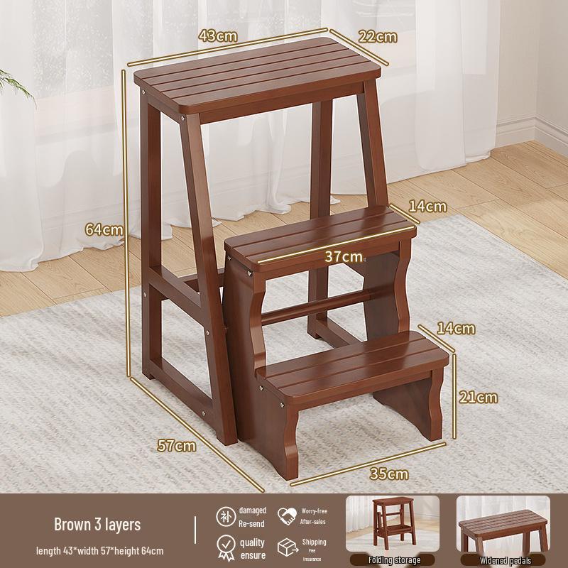 Multi-Functional Folding Indoor Wooden 2-in-1 Step Stool and Ladder - Three-Step Small Climbing Chair