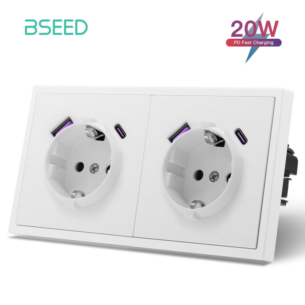 BSEED EU Large Button Wall Switches 1/2Gang 1Way Wall Power Sockets Dual USB Phone Charge Port 5V White Home E-Series