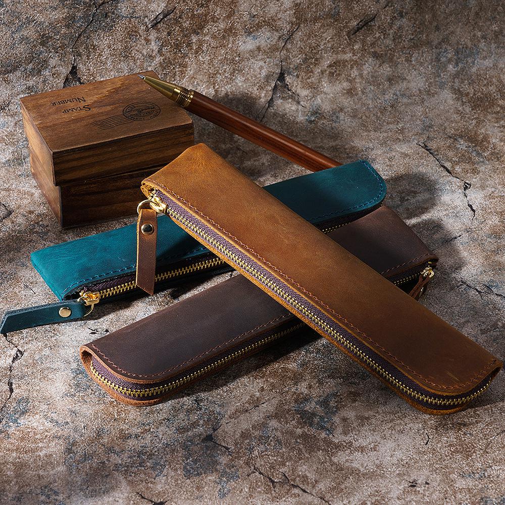 Retro Crazy Horse Leather Apple Pencil Case - Artistic Youth Large Capacity Zipper Stationery Box