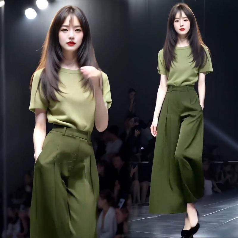 Chic Women's Summer Two-Piece Set: Stylish Short Sleeve Top & High Waist Wide Leg Pants
