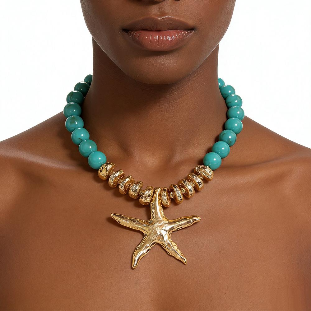 ZA Starfish Pendant Acrylic Beaded Necklace Vacation Style Ocean Clavicle Chain Handmade Light Luxury