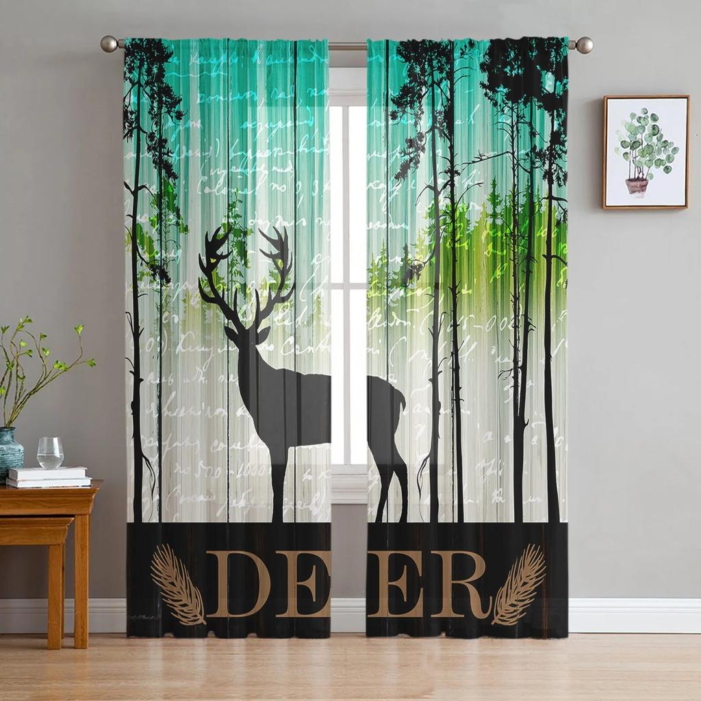 Reindeer Pine Tree Silhouette Tulle Curtains For Living Room Sheer Curtains For Bedroom Kitchen Window Curtain