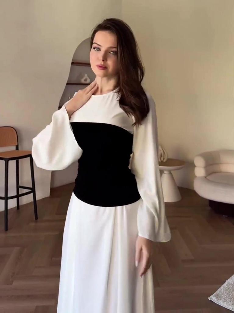 2025 Black & White Patchwork Waist-Cinched Slimming Dress for Women - Autumn Long Skirt