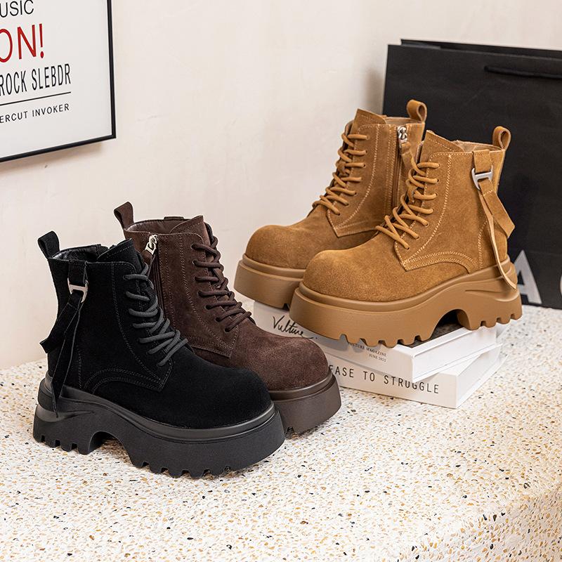 Frosted Soft Leather Big-headed Martin Boots for Women's New Small Inner Height Increase Fashionable Versatile Muffin Thick-soled Short Boots