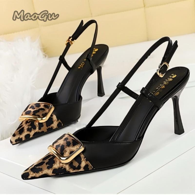 Fashion Satin Leopard Pointed Toe Women's Banquet Dress Shoes Elegant Thin High Heeled Pumps Ankle Strap Sexy Tacones Zapatos De Mujer