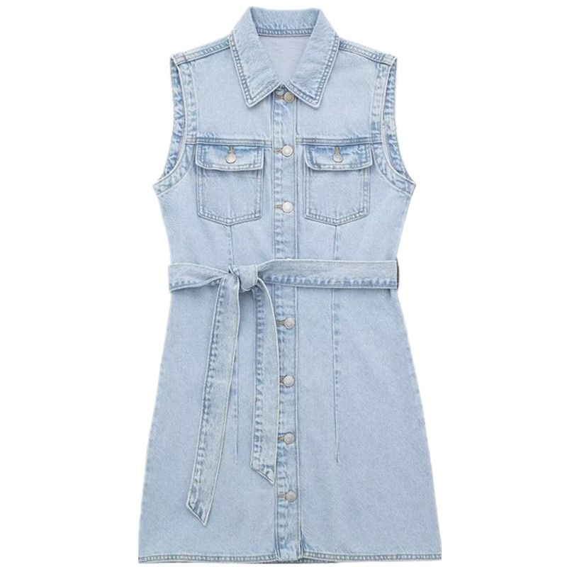 

Fashion Style New Arrival Women s Clothing Stylish Sleeveless Slim Looking with Belt Denim Dress 2449052 406 Light Blue M