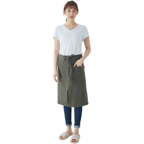 

alukya Linen Apron, Cafe Style, 2 Pockets, Natural Linen, Simple, for Home Use (Green)