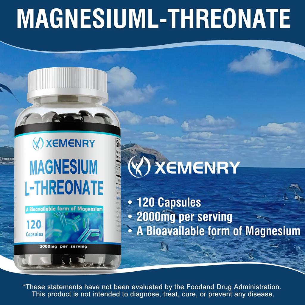 L-Magnesium Threonate Dietary Supplement, helps with sleep, relaxation, and promotes brain and heart health – 120 capsules