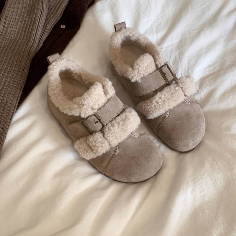 

Mori retro belt buckle inner heightening Birkenstocks women s 2025 new velvet warm one-pedal fluffy shoes 35