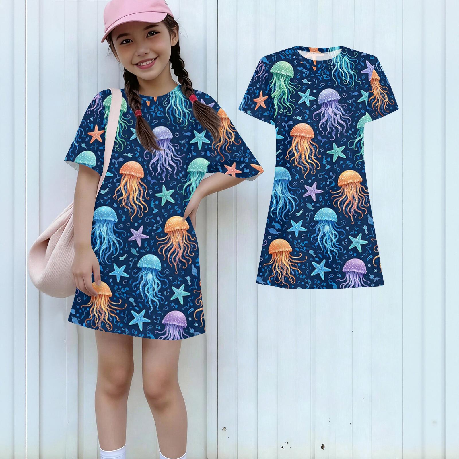 Girls Print Casual Dress Kids Loose Round Neck Short Sleeve Thin Sundress 140