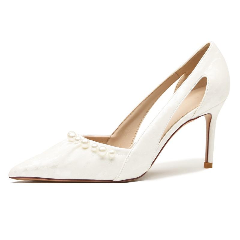 Autumn New Ice Silk Hollow Pearl High Heels Women's Thin Heel Temperament Advanced Sense Shallow Mouth Pointed Single Shoes Women