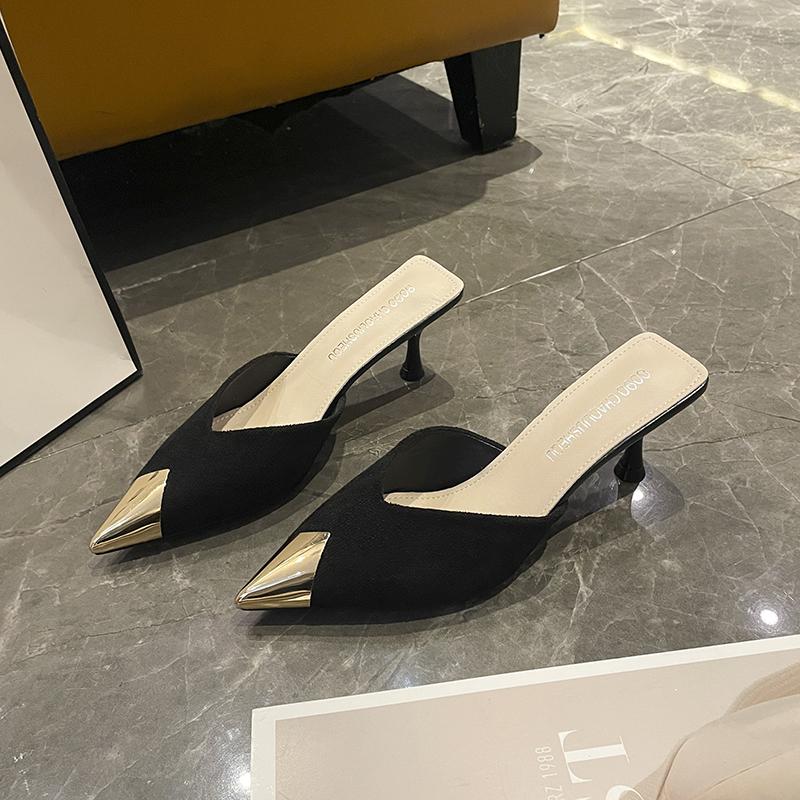 Fashion Cover Toe Thin Heels Shoes Mules For Women 2025 Slippers Flat Shallow Slides Pointed High Pumps Cover Toe Shallow Flat Shoes Fem