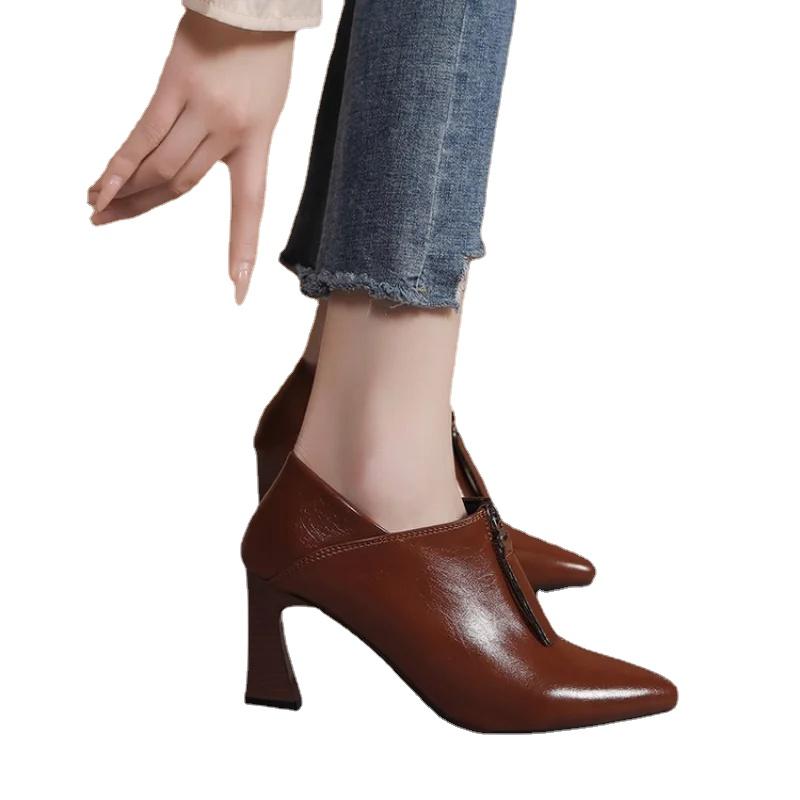 Fashion Women Pointed Toe High Heels Shoes Elegant Chunky Dress Shoes  Female Spring New Fashion Sandals  Design Office Zipper Pumps