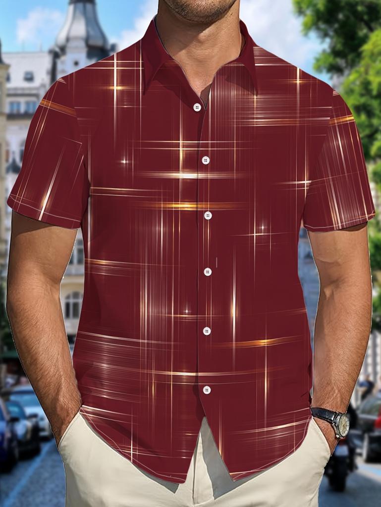 2026 Vintage Estate Uomo Camicie a Quadri Geometrici a Griglia Manica Corta Collo a Revers Stampa 3D Camicie Hawaiane per Vacanze Abbigliamento Casual da Uomo