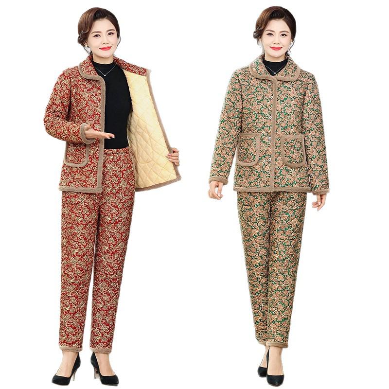 Mom's Winter Plus Velvet Cotton Jacket & Pants Set - Fashionable and Cozy Two-Piece Home Pajamas