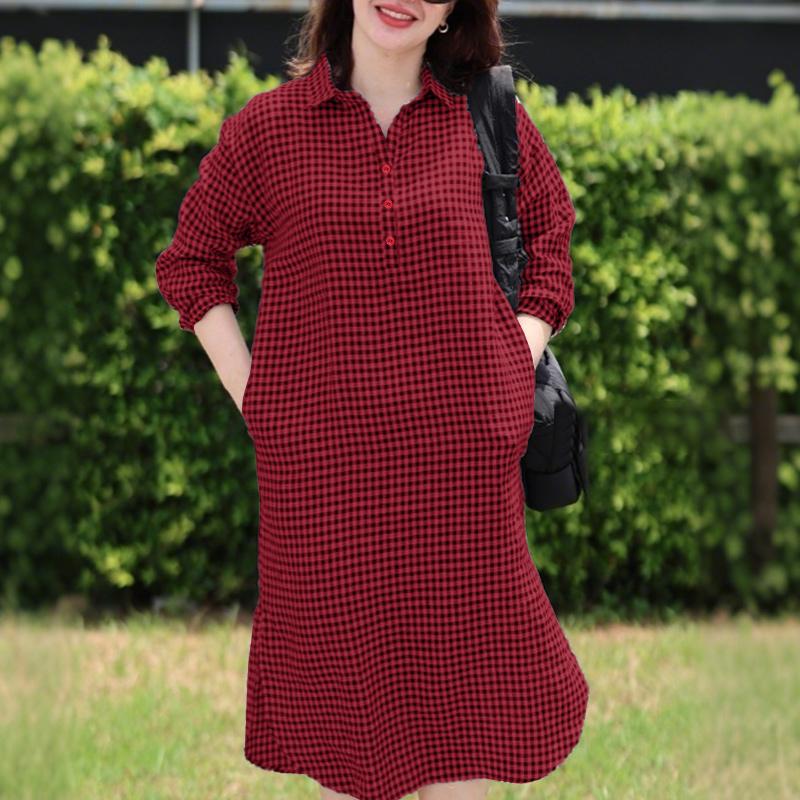 

ZANZEA Жіноча повсякденна сукня-сорочка з довгим рукавом та принтом у клітинку, з відкладним коміром 2XL червоний